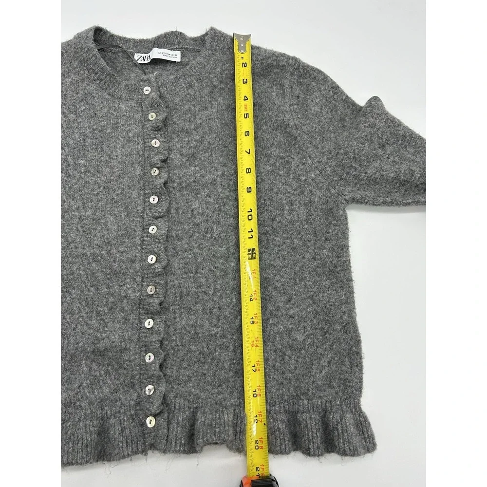 Zara Gray Button Up Frill Cardigan Sweater Women's Medium Wool Blend - Picture 8 of 9